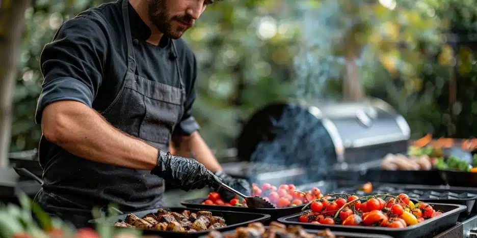 Chef grilling meat and vegetables at an outdoor barbecue.